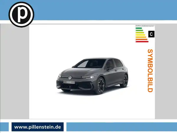 Das Bild zeigt einen schwarzen VW Golf aus der Vorderansicht. Es enthält das Händlerlogo und einige Texteinblendungen, einschließlich 'SYMBOLBILD'.
