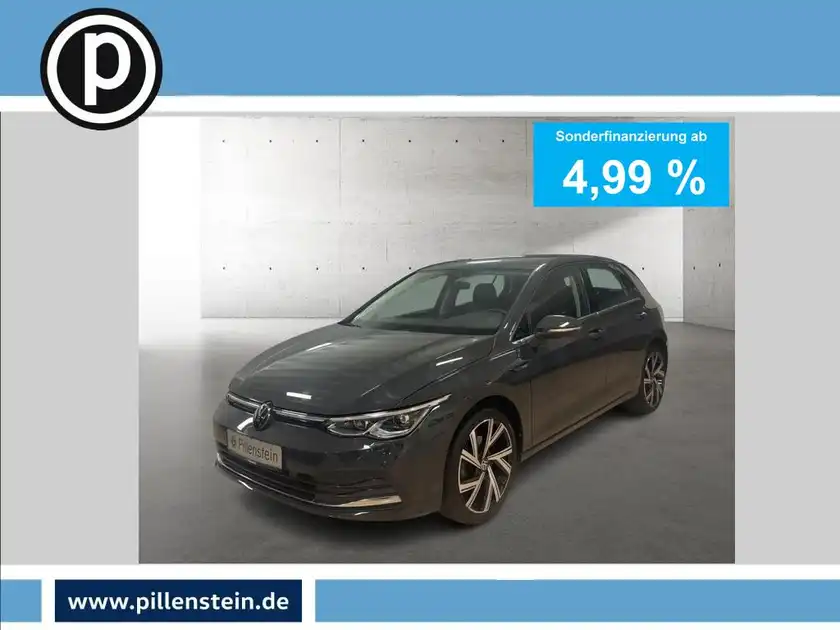 Das Bild zeigt einen grauen VW Golf von der Seite. Es enthält markante Texteinblendungen bezüglich spezieller Finanzierungsangebote und das Händlerlogo.