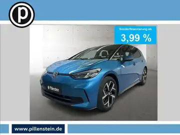 Das Bild zeigt einen blauen VW ID.3 aus der Frontansicht. Es enthält eine Werbung mit einem Händlerlogo und einem Finanzierungsangebot von 3,99 %.