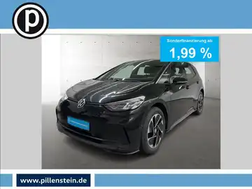 Das Bild zeigt einen schwarzen VW ID.3 aus der Frontalansicht. Es handelt sich um eine Anzeige mit Informationen zur Sonderfinanzierung ab 1,99 %. Ein Händlerlogo ist vorhanden.