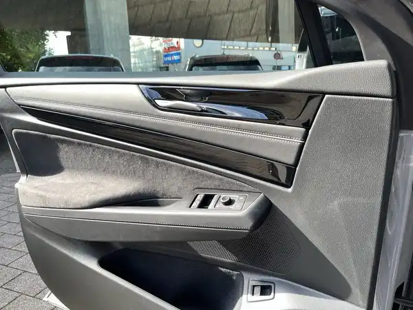 Innenaufnahme des Fahrzeugs, zeigt das Türinnere mit grauem Interieur und schwarzen sowie chromenen Akzenten.