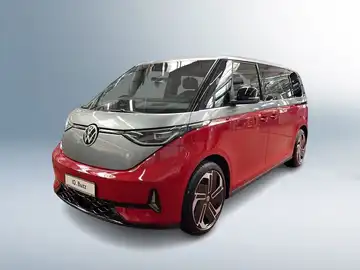 Das Bild zeigt einen roten VW ID. BUZZ von der Seite, mit einem eingebetteten Händlerlogo und markanten Texteinblendungen.