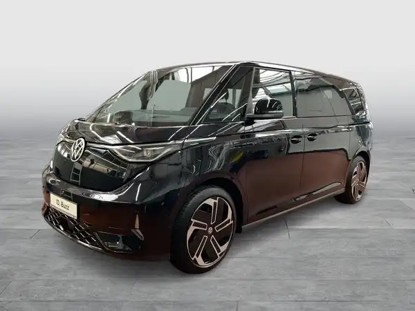 Das Bild zeigt einen schwarzen VW ID. BUZZ aus seitlicher Perspektive. Das Händlersymbol von Walter Schneider ist eingeblendet.