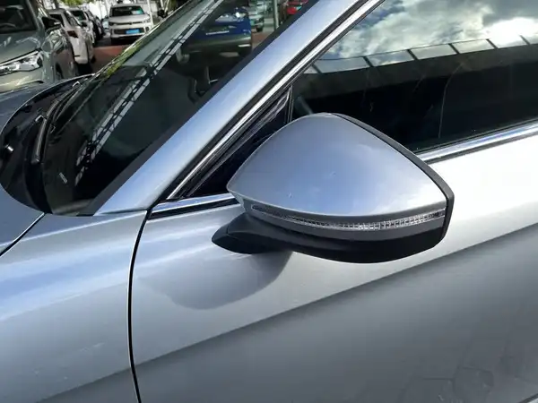 Das Bild zeigt die Seitenansicht eines silbernen VW Passat Variant. Es ist ein Nahaufnahme des Außenspiegels und der Fensterscheibe.