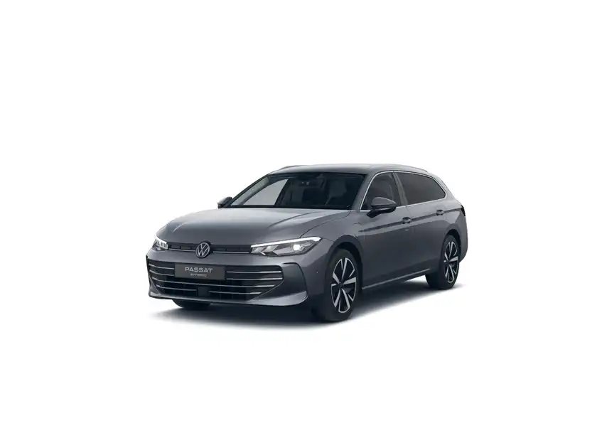 Ein grauer VW Passat, frontal aufgenommen, mit dem Händlerlogo und einem Banner, das für sofortige Verfügbarkeit wirbt.
