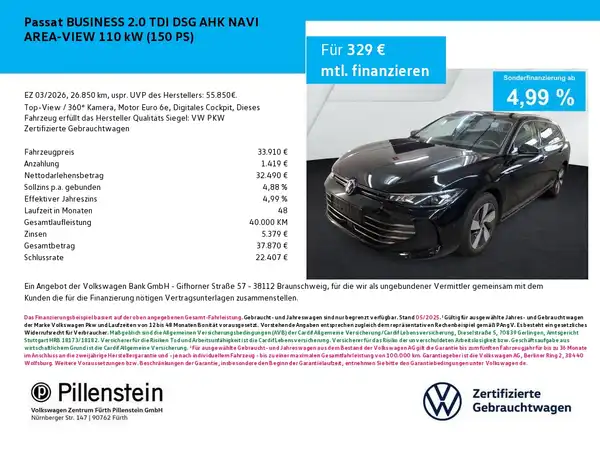 Das Bild zeigt ein schwarzes Fahrzeug (VW Passat) von der Seite in einer Anzeige mit Finanzierungsdetails und einem Händlerlogo.