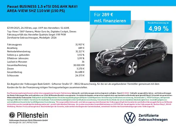 Das Bild zeigt einen schwarzen VW Passat in Seitenansicht. Es handelt sich um eine Anzeige mit Finanzierungsdetails und einem Händlerlogo von Pillenstein.