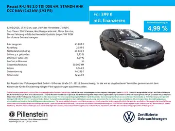 Das Bild zeigt einen grauen VW Passat R-Line 2.0 TDI DSG 4M. Die Aufnahme ist von vorne, und es handelt sich um eine Anzeige mit Finanzierungsdetails.
