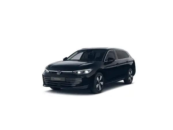 Das Bild zeigt einen schwarzen VW Passat aus der Frontansicht. Es enthält das Händlerlogo und eine markante Texteinblendung mit dem Hinweis 'Sofort verfügbar'.