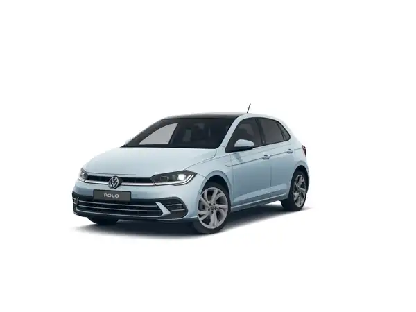 Dieses Bild zeigt einen VW Polo von vorne, in hellblauer Farbe. Es ist ein Händlerlogo abgebildet, zusammen mit markanten Texteinblendungen.