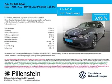 Das Bild zeigt einen grauen VW Polo TSI DSG Goal aus der Seitenansicht auf einer Finanzierungsanzeige. Das Händlerlogo ist eingeblendet und es enthält markante Texteinblendungen zu Finanzierungsdetails.