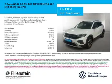 Das Bild zeigt einen weißen VW T-Cross von vorne. Es ist ein Fahrzeugfoto. Das Händlerlogo "Pillenstein" ist eingeblendet.
