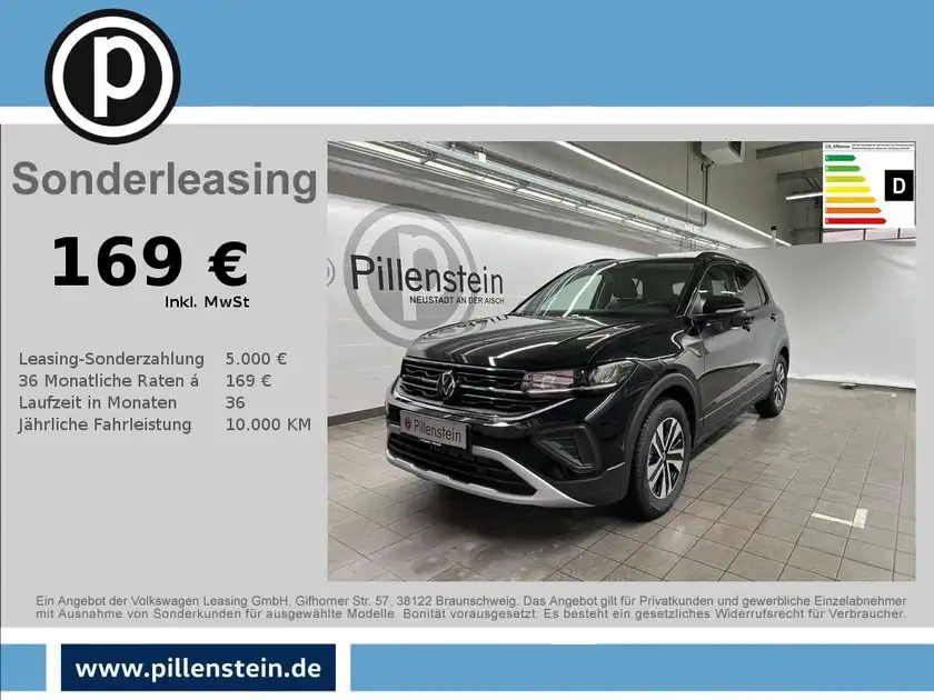 Das Bild zeigt einen VW T-CROSS von der Seite in schwarzer Farbe. Es handelt sich um ein Finanzierungs- oder Leasingangebot mit einem Händlerlogo.