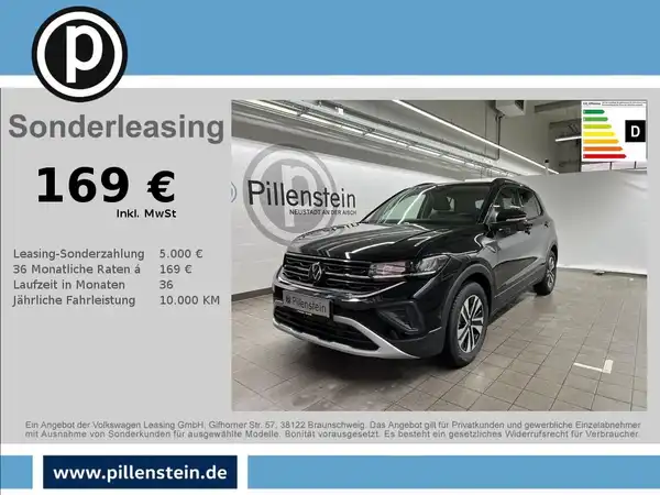 Das Bild zeigt einen VW T-CROSS von der Seite in schwarzer Farbe. Es handelt sich um ein Finanzierungs- oder Leasingangebot mit einem Händlerlogo.