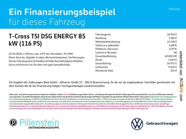 Das Bild zeigt Finanzierungsdetails für ein Fahrzeug, dargestellt in Form eines Angebots mit verschiedenen finanziellen Informationen und dem Händlerlogo.