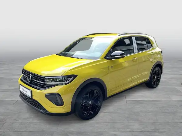 Das Bild zeigt einen gelben VW T-CROSS von der Seite.