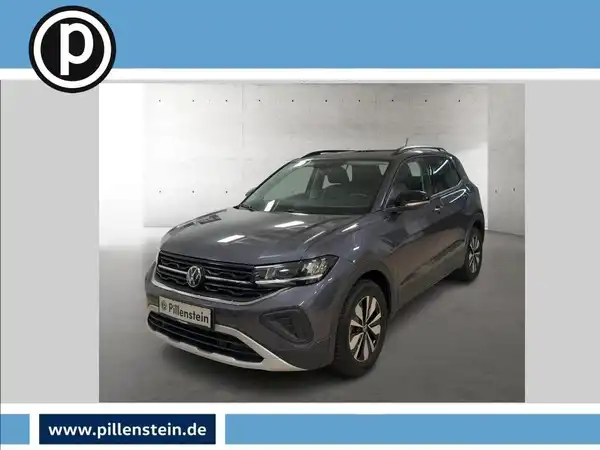 Ein Bild eines grauen VW T-CROSS von vorne mit sichtbarem Händlerlogo.