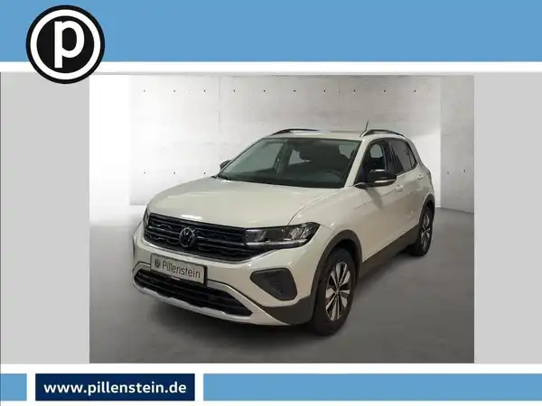 Das Bild zeigt einen weißen VW T-CROSS aus der Frontansicht. Es ist ein Fahrzeugbild mit dem Händlerlogo im oberen Bereich und markanten Texteinblendungen.