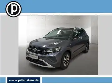Das Bild zeigt einen grauen Volkswagen T-CROSS von vorne, mit einem Händlerlogo und markanten Texteinblendungen.