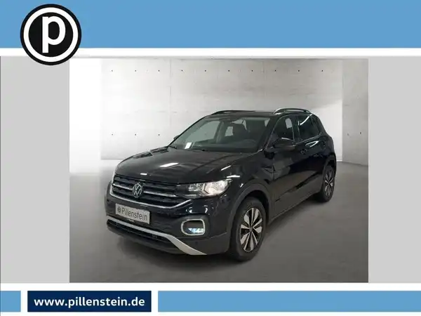 Bild eines schwarzen VW T-CROSS, aufgenommen von vorne, mit Händlerinformationen im Bild.