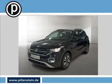 Bild eines schwarzen VW T-CROSS, aufgenommen von vorne, mit Händlerinformationen im Bild.