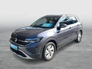 Das Bild zeigt einen grauen VW T-CROSS von der Seite, mit markanten Texteinblendungen und ohne Händlerlogo.