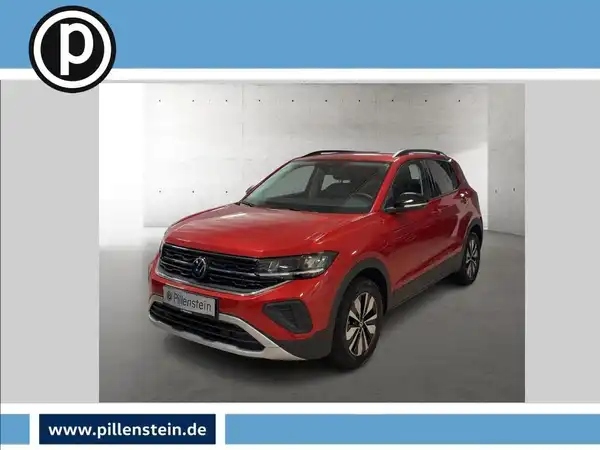 Das Bild zeigt einen roten VW T-CROSS von vorne, mit einem Händlerschild im oberen linken Bereich.