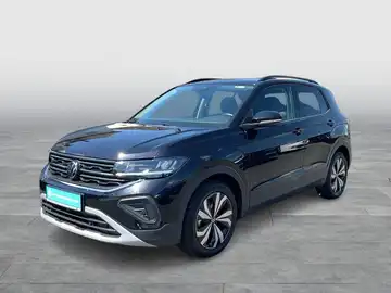 Das Bild zeigt einen schwarzen VW T-CROSS von der Seite.