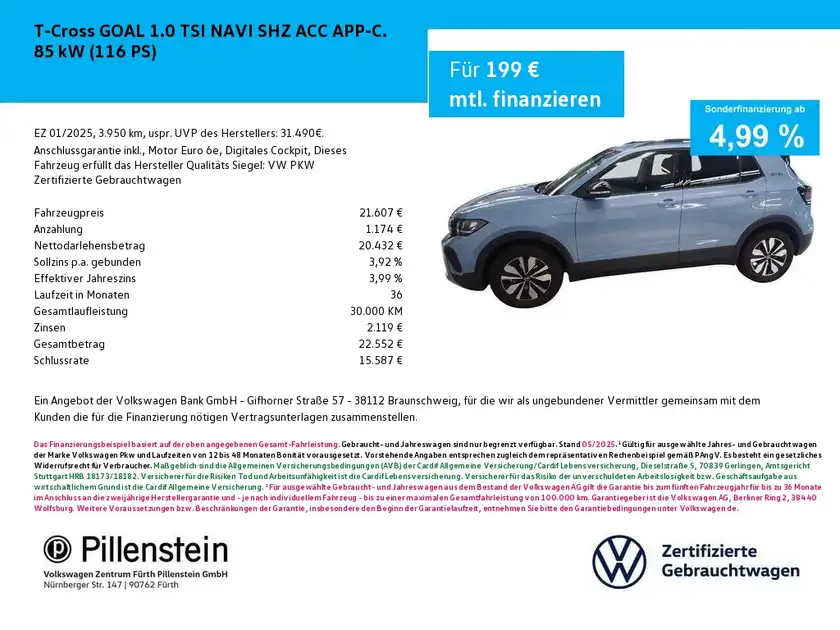 Das Bild zeigt eine Anzeige für einen VW T-Cross GOAL in blauer Farbe, aufgenommen von der Seite. Es enthält Informationen zu den Finanzierungsdetails sowie das Händlerlogo von Pillenstein.