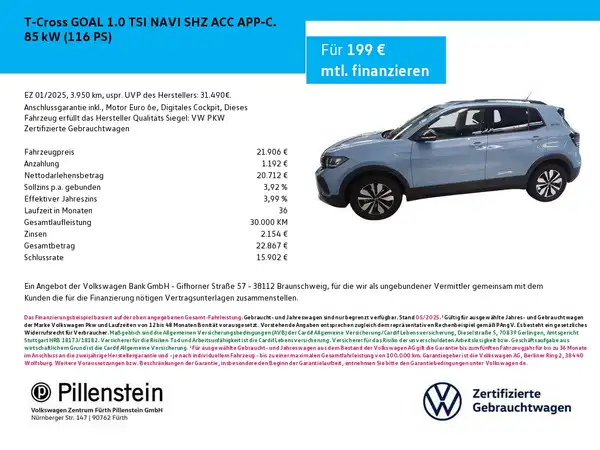 Das Bild zeigt einen blauen VW T-CROSS von der Seite. Es enthält das Händlerlogo von Pillenstein und zusätzliche Texteinblendungen.