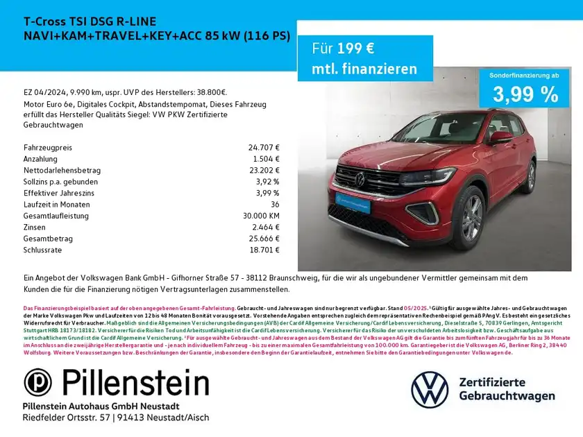 Das Bild zeigt einen roten VW T-Cross von vorne. Es enthält auch markante Texteinblendungen über eine Sonderfinanzierung.