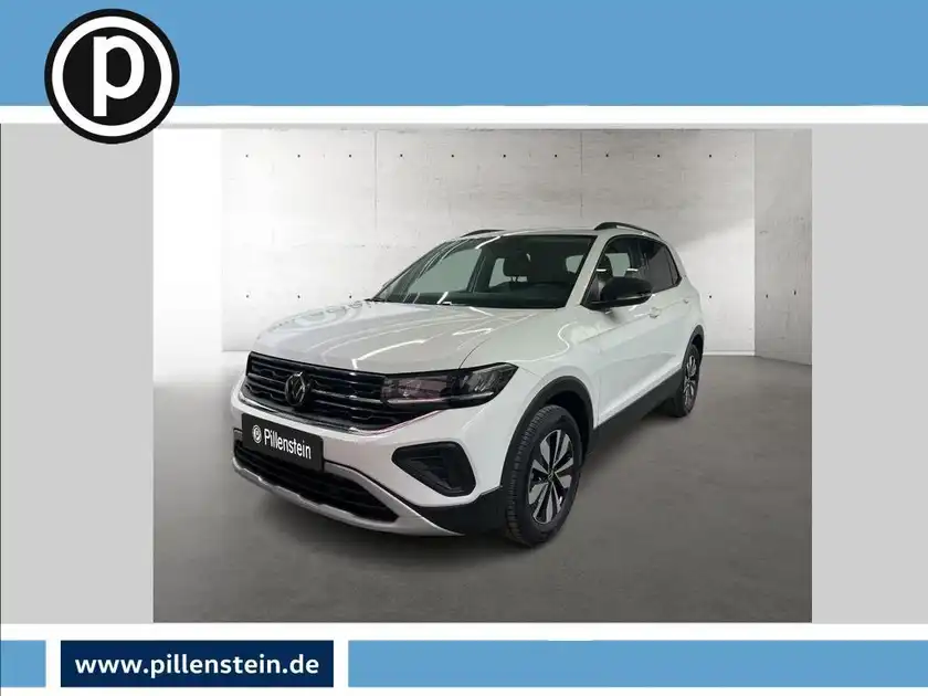 Das Bild zeigt einen weißen VW T-CROSS aus der Seitenansicht. Im Bild sind ein Händlerlogo sowie markante Textelemente sichtbar.