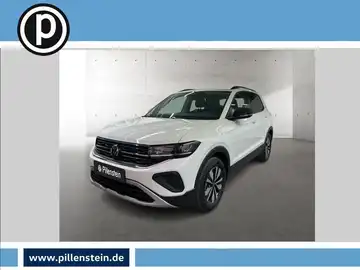 Das Bild zeigt einen weißen VW T-CROSS aus der Seitenansicht. Im Bild sind ein Händlerlogo sowie markante Textelemente sichtbar.