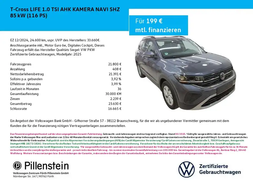 Bild zeigt einen grauen VW T-CROSS von vorne. Das Händlerinstitut Pillenstein ist im Bild eingeblendet.
