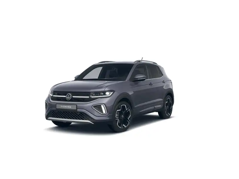 Das Bild zeigt einen grauen VW T-CROSS aus der Frontansicht, mit Händlerlogo und zusätzlichem Text.