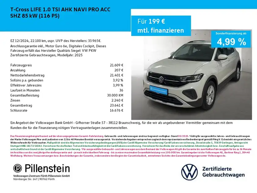 Das Bild zeigt einen VW T-Cross in beige von der Seite. Es handelt sich um eine Anzeige mit Finanzierungsdetails und dem Händlerlogo.