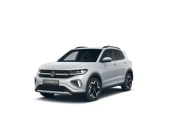 Das Bild zeigt einen VW T-CROSS aus der Seitenansicht, in silberner Farbe.