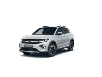 Das Bild zeigt einen VW T-CROSS aus der Seitenansicht, in silberner Farbe.