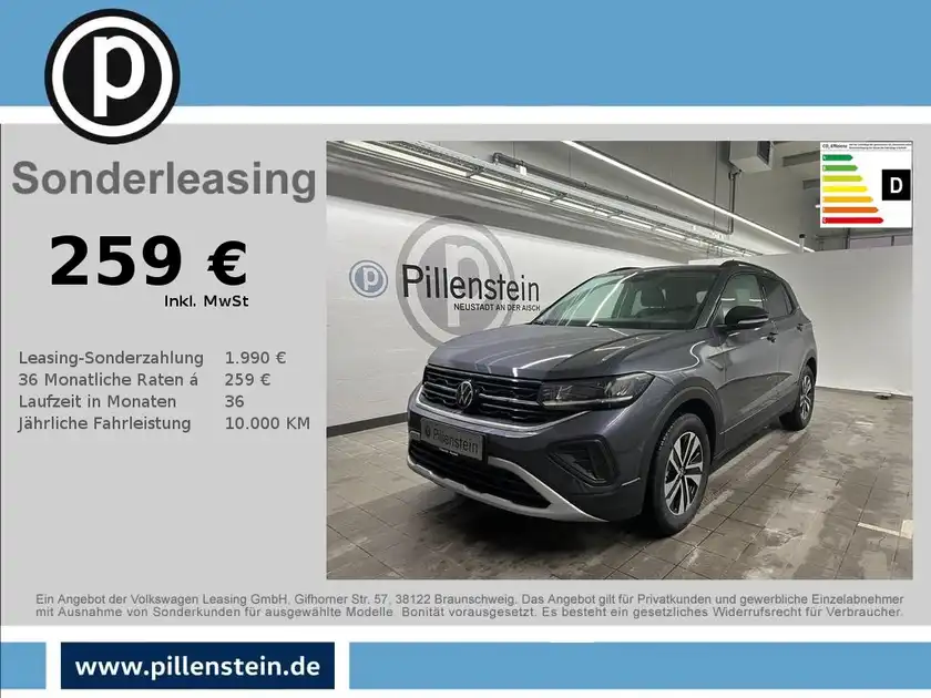 Das Bild zeigt einen VW T-CROSS in grauer Farbe von der Seite. Es handelt sich um eine Anzeige für Sonderleasing, einschließlich Leasingdetails und enthält das Händlerlogo.