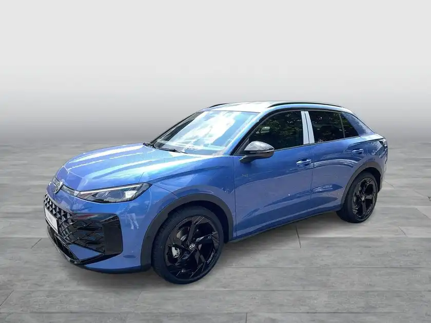 Das Bild zeigt einen blauen VW T-Roc von der Seite.