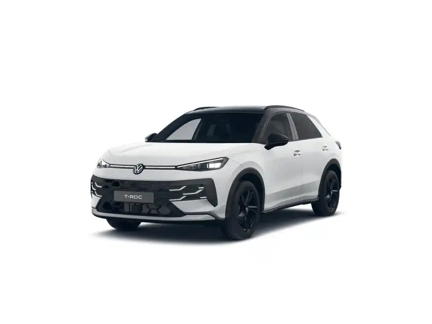 Das Bild zeigt einen VW T-ROC aus der Frontansicht in weiß.