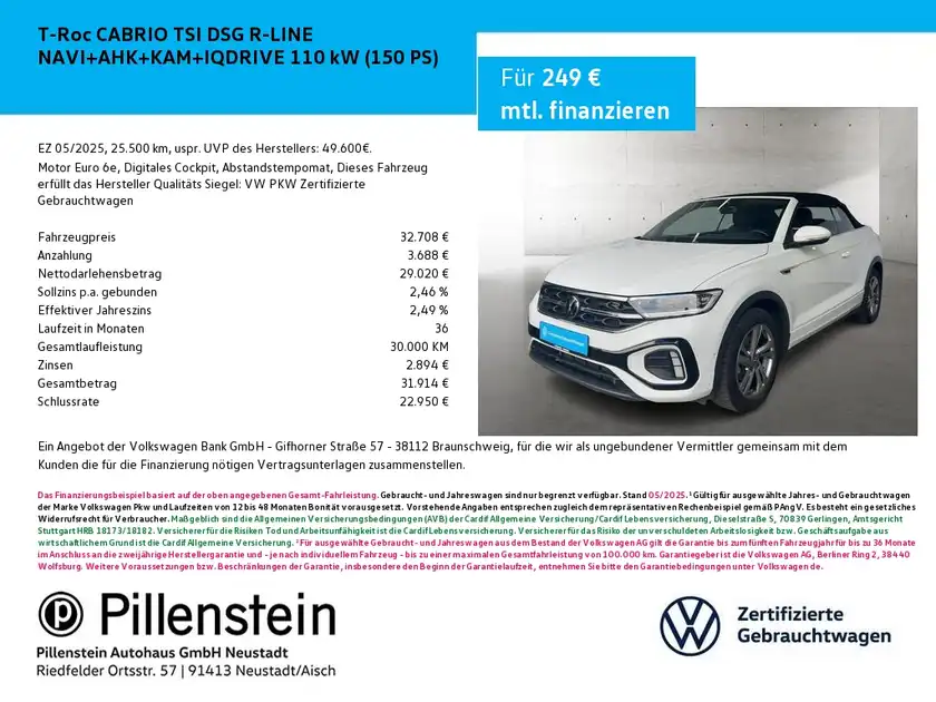 Das Bild zeigt einen weißen VW T-Roc Cabriolet von der Seite. Es enthält Informationen zu Finanzierung und Leasingdetails sowie das Händlerlogo.
