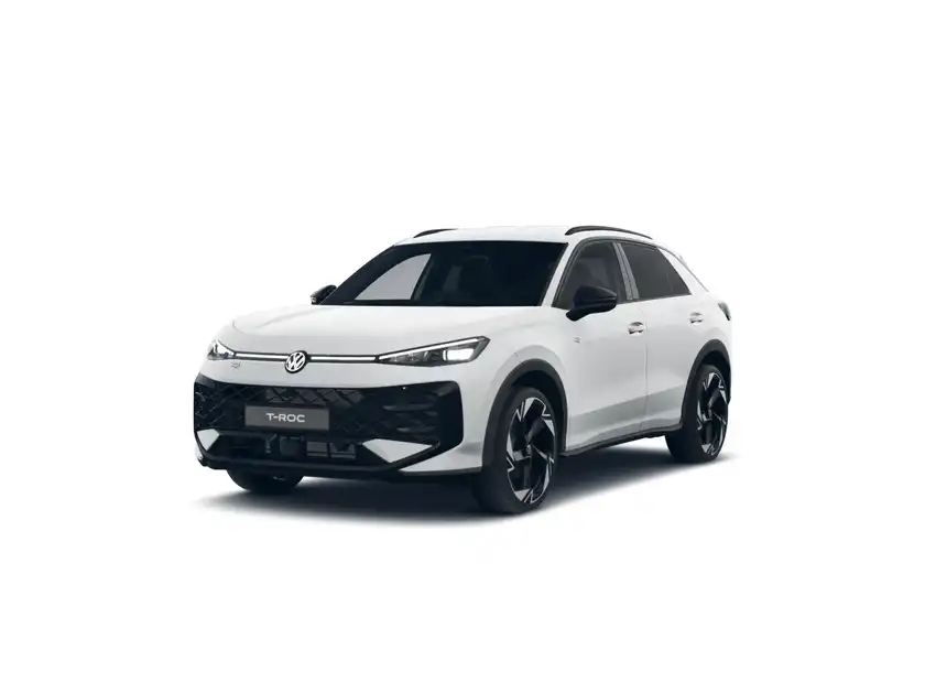 Ein Bild eines weißen VW T-ROC aus der Vorderansicht.