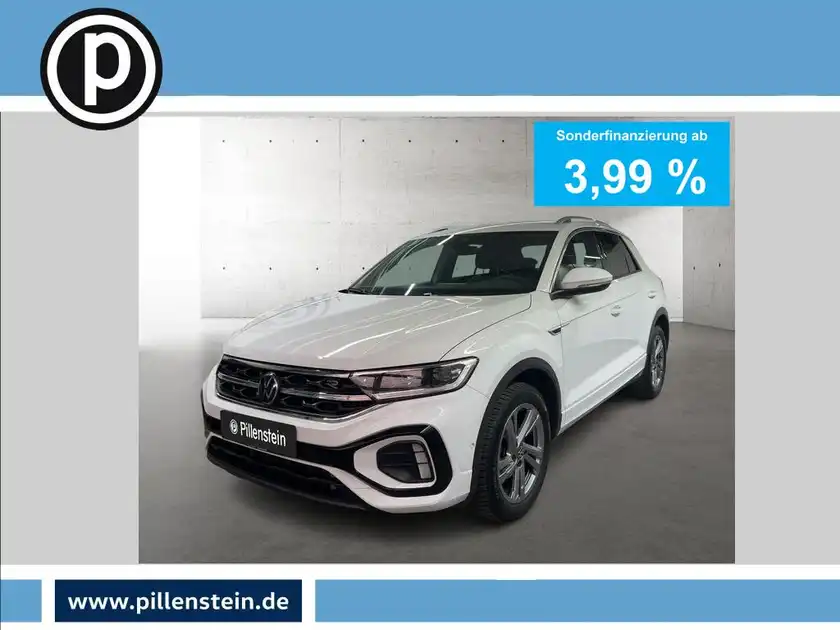 Das Bild zeigt einen weißen VW T-ROC aus der oberen Perspektive. Es handelt sich um ein Werbebild mit dem Händlerlogo und einer Finanzierungsinformation.