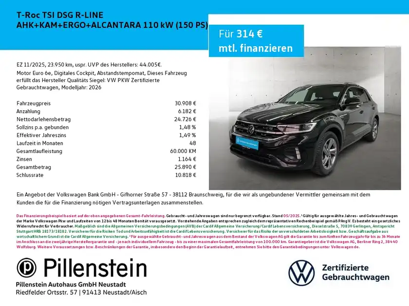 Das Bild zeigt einen schwarzen VW T-ROC von der Seite, mit einem Händlerlogo im oberen linken Bereich und markanten Texteinblendungen.