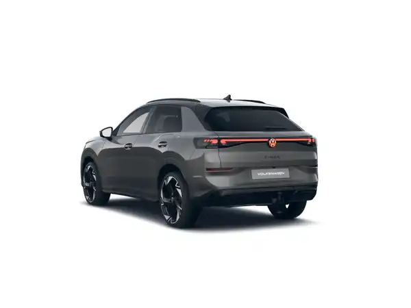 Das Bild zeigt einen grauen VW T-Roc von hinten.