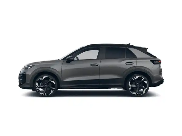 Seitenansicht eines grauen Fahrzeuges (VW T-ROC), kein Händlerlogo und keine markanten Texteinblendungen.