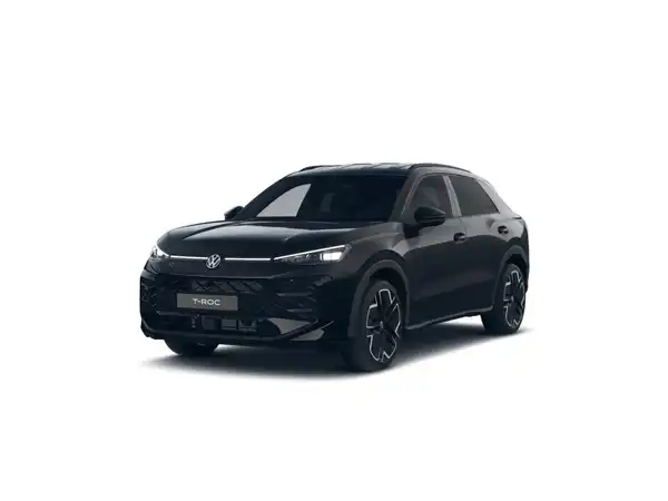 Das Bild zeigt einen schwarzen VW T-ROC, aufgenommen von vorne. Es enthält das Händlerlogo von Walter Schneider sowie den Text 'Sofort verfügbar'.