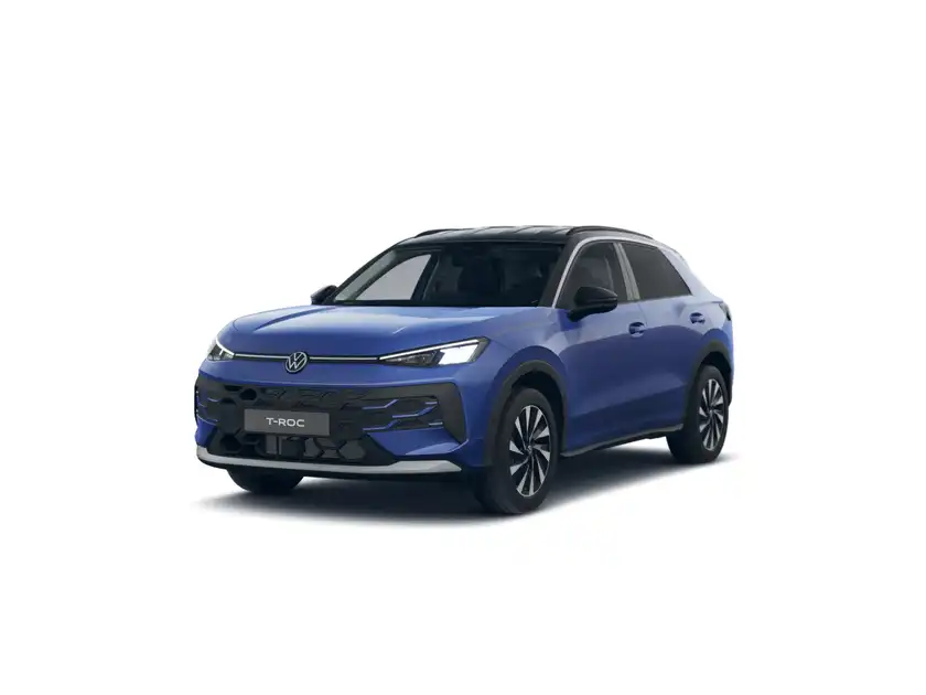 Das Bild zeigt einen blauen VW T-ROC von der Seite aufgenommen.
