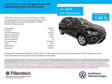 Das Bild zeigt ein schwarzes Fahrzeug (VW T-Roc) aus der Seitenansicht. Es enthält das Händlerlogo von Pillenstein und markante Texteinblendungen zur Sonderfinanzierung.